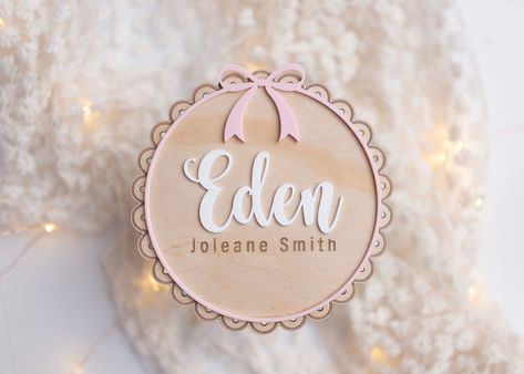 Pink bow Wooden Birth Details Plaque - Nursery Decoration, Baby Arrival Sign, Birth Announcement, Baby Name Plaque, New Baby Gift,  Hospital Arrival sign Newborn Pink bow Newborn Baby Announcement Sign  Perfect for announcing your new arrival to the world. Made from 3mm Plywood and acrylic.  Please type  in the personalization box the name or working you would like written on the name plaque.  This name plaque is  -15cm High Please note these are signs only and not a children's toy. DESIGNED & M Birth Plaques Diy, Baby Name Plaques, Wooden Birth Announcement Sign, Wooden Newborn Sign, Newborn Baby Announcement, New Born Wood Signs, Baby Keepsakes, Baby Girl Bows, Birth Details