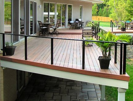 An elevated deck with glass panel rails maximizes a backyard view with plenty of style. | dekrail.ca Reling Design, Glass Railing Deck, Deck Railing Kits, Wood Deck Railing, Aluminum Railing Deck, Deck Railing Ideas, Capira, Glass Railing System, Patio Railing