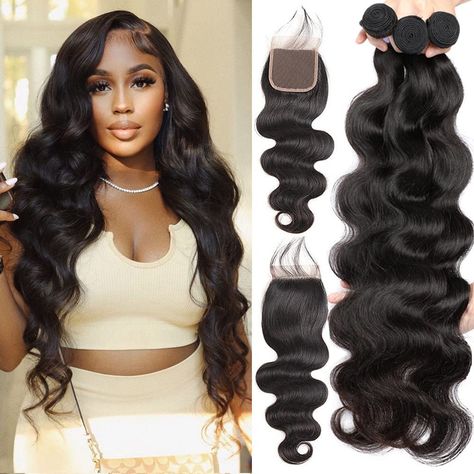 PRICES MAY VARY. 1.Bundles with Closure Human Hair Material：100% Unprocessed Brazilian Virgin Human Hair，From Young Girls, No Shedding, No Lice, No Tangle, No Split, Full Cuticle, Natural Health. 2.Hair Features：Body Wave 3 Bundles with Closure ,Natural Color. Machine Double Weft, Compact and Strong, Can Dye, Perm, Straighten,Design into your own favorite style. 3.Body Wave Bundles with Closure：Bundles：95-105/Bundle, 10-28 inches In Stock ;40-60g/pc Lace Closure, 10-22 inch In Stock. 4.Lace Clos Straightened Hair, Brazilian Human Hair Weave, Body Wave Bundles, Brazilian Body Wave Hair, Wave Texture, Prom 2023, Indian Remy Hair, Bundles With Closure, Remy Hair Weave