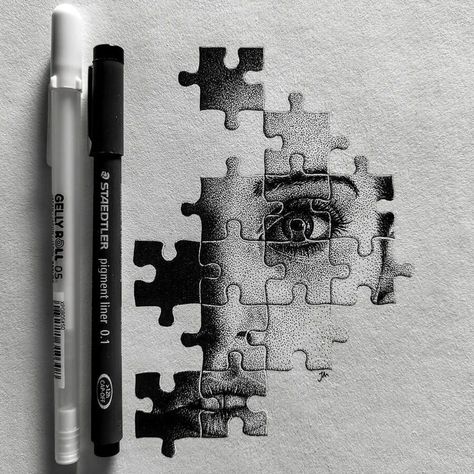 Puzzle Art Drawing, How To Draw With Pen, Art For Portfolio, Black Sketch Pen Art, Line Art Drawings Sketches, Puzzle Piece Drawing, Puzzle Drawing Ideas, Stippling Art Ideas, Puzzle Sketch