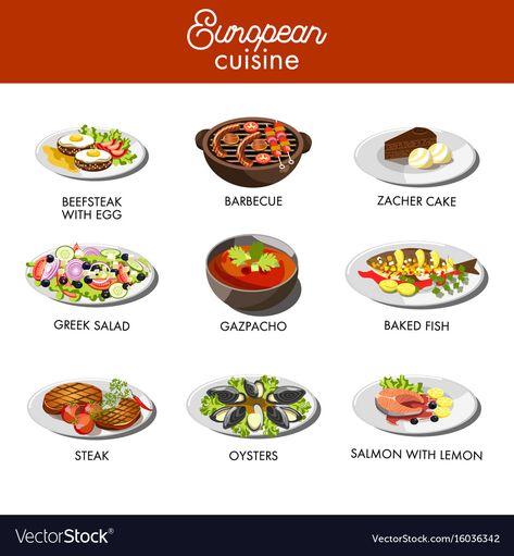 European cuisine food dishes for restaurant Vector Image Menu For Restaurant, Gazpacho Soup, Restaurant Template, Around The World Food, Food Vocabulary, Food Infographic, European Cuisine, Food Info, Food Ads