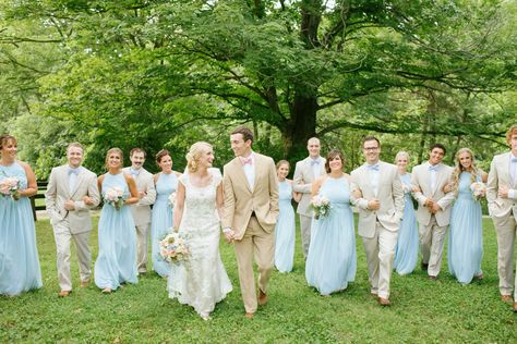 Beige Groomsmen Suits Blue Bridesmaid Dresses, Dusty Blue And Tan Wedding Party, Blue And Tan Wedding Party, Dusty Blue Bridesmaid Dresses And Tan Suits, Light Blue Bridesmaid Tan Groomsmen, Tan Tux, January Wedding, Wildflower Wedding, Girls Dream