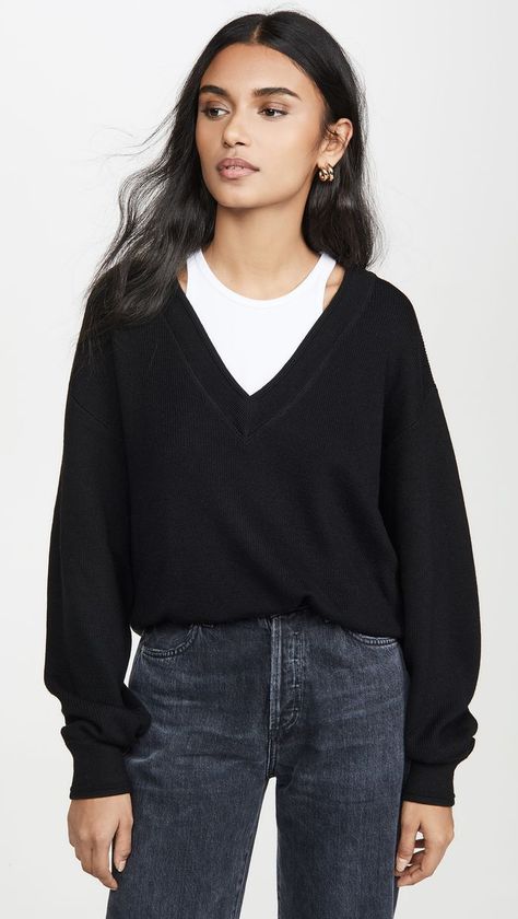 alexanderwang.t Bi-Layer V-Neck Sweater Black V Neck Sweater Outfit, Vneck Sweater Outfit, V Neck Sweater Outfit, Knitted Sweater Outfit, Neck Sweater Outfit, Blue Knitted Sweater, Sweater Outfit Ideas, Black V Neck Sweater, Sweater Outfit