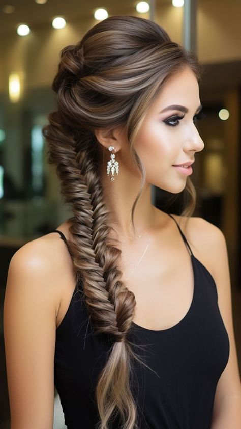 Bridesmaid Fishtail Hairstyles, Wedding Hairstyles Updo With Braid Bridesmaid Hair Side Ponytails, Side Braid Hairstyles For Wedding, Bridesmaid Braid Hair, Wedding Fishtail Braid, Side Braid Wedding Hair, Fishtail Braid Side, Braid Variations, Side Fishtail Braid