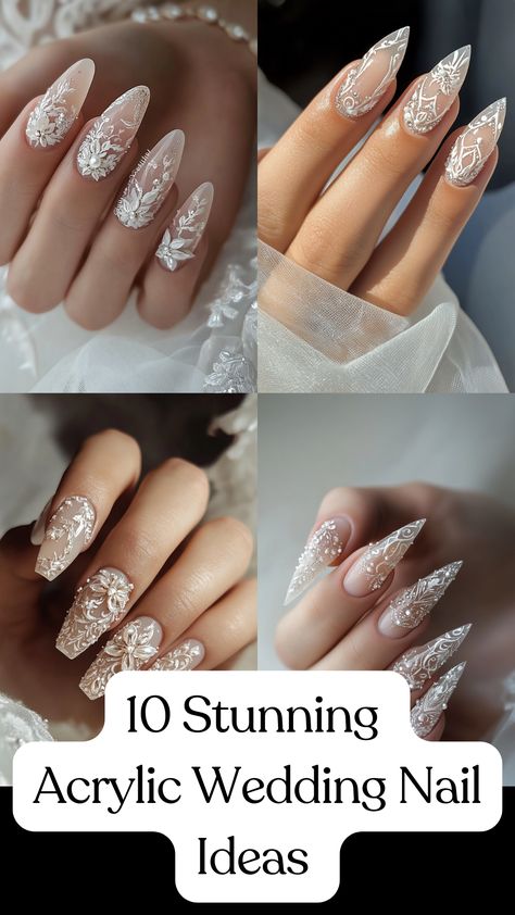 Elegant bridal hand showcasing stunning acrylic wedding nails with intricate designs, perfect for a stylish and memorable big day. Wedding Day Nails For Bride Coffin, Acrylic Nail Designs For Brides, Long Square Wedding Nails, Nail Design For Wedding The Bride, Wedding Inspired Nails, Wedding Nails For Bride Classy Bridal Sparkle, Wedding Nails For Bride Pearl, Wedding Nails Black Women, Bridal Nail Ideas Brides