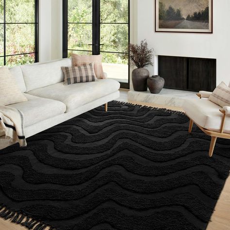 Green Couch Black And White Rug, Black Cream Living Room Decor, Rugs For Industrial Living Room, Pretty Rugs For Bedroom, Layer Area Rugs In Living Room, White Couch Black Rug, Black And Gold Farmhouse Decor, Black And Cream Rug Living Room, Living Room With Black Rug