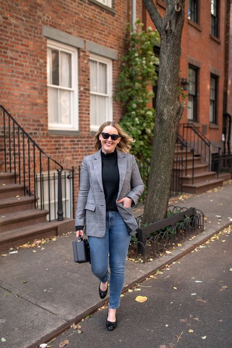 J.Crew Ruffleneck Sweater I wit & whimsy Office Wear Outfit, Getaway Outfit, Boyfriend Jacket, Kick Flare Jeans, Winter Closet, Outfit Formulas, Winter Outfit Inspiration, How To Mix, Jean Trends