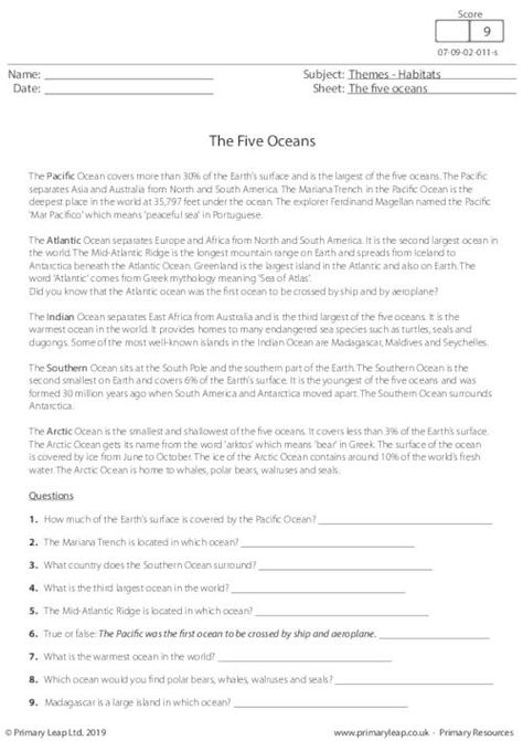 Habitats: Reading comprehension The Pacific Ocean | Worksheet | PrimaryLeap.co.uk 3rd Grade Geography Worksheets, Year 7 Geography Worksheets, Oceans Of The World Worksheet, Oceans Worksheet, Ocean Currents Activity, Free Ocean Unit Study, Ocean Reading, Seven Continents, Summer Review