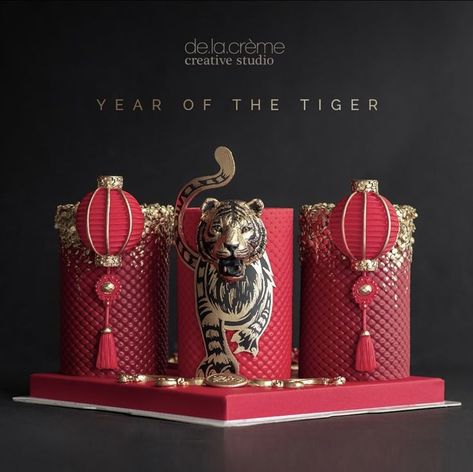 Chinese New Year, Mini Cakes, Gumpaste, Hand-painted, Red, Gold, Neiman Marcus - @delacremestudio. . Chinese New Year Desserts, Asian New Year, Chinese New Year Cake, Asian Party, New Year's Cake, Couture Cakes, Year Of The Tiger, The Tiger, Cake Inspiration