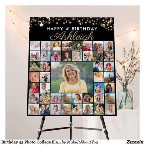 Birthday 45 Photo Collage Black Gold Script Foam Board | Zazzle Birthday Picture Board, Photo Gifts For Boyfriend, Photos Collage Ideas, Photo Gifts Ideas, Birthday Photo Displays, Collages Ideas, Collage Gifts, Wedding Photo Collage, Photo Collage Ideas