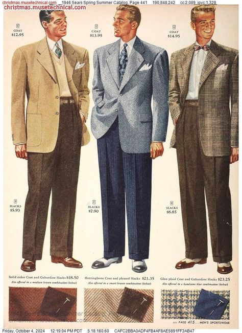 1946 Sears Spring Summer Catalog, Page 441 - Catalogs & Wishbooks 1940s Fashion Menswear, People Photoshop, 60s Mens Fashion, 50s Clothing, 1950s Mens Fashion, 50s Outfits, 1950s Mens, Magazine Man, Sears Catalog