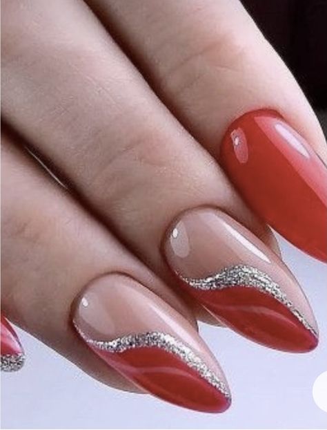 Red Silver Nails Glitter, Red Formal Nails Acrylic, Red And Silver Glitter Nails Acrylic, Red And Silver Gel Nails, Red With Silver Nails, Christmas Nails Elegant Silver Glitter, Silver And Red Christmas Nails, Summer Nails 2022 Coffin, Red Nail Art Elegant