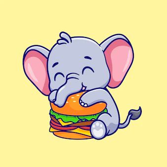 Elephant Illustration Cute, Elephant Cartoon Images, Eating Burger, Elephant Character Illustration, Elephant Mascot, Elephant Icon, Burger Cartoon, Elephant Eating, Cartoon Giraffe