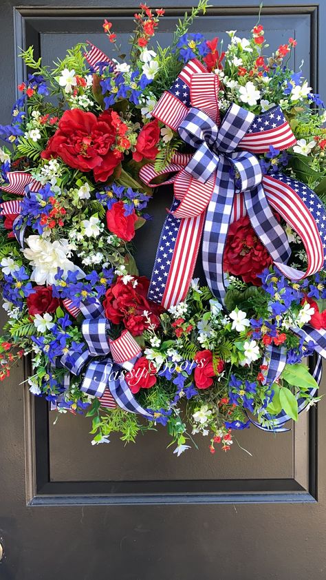 Sassydoorswreaths 154 Americana Wreaths For Front Door, 4th Of July Wreath Diy, July 4th Wreaths For Front Door, Red White And Blue Wreaths, Patriotic Wreaths For Front Door, 4th Of July Wreaths, Summer Wreath Ideas, Patriotic Door Decorations, Patriotic Wreath Diy