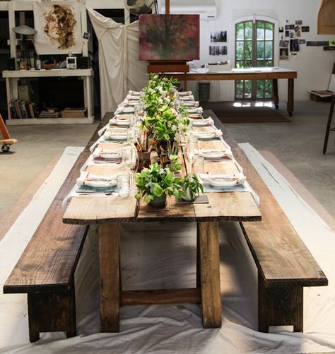 Inspiration for a soon-to-be studio dinner. - Dinner in an Atelier from Anthology Magazine, Get the Look from Remodelista Pavilion Ideas, Farmhouse Patio, Mesa Exterior, Farmhouse Dining Table, Farm Table, Rustic Table, Farmhouse Dining, Farmhouse Table, Outdoor Tables