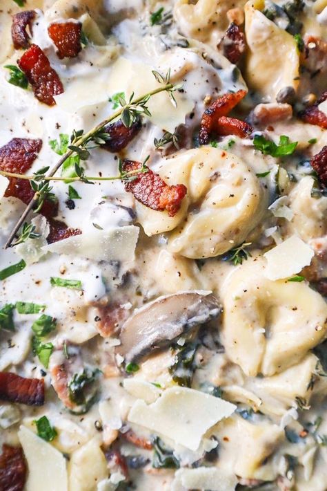 Creamy Bacon, Mushroom, & Parmesan Tortellini Soup Mushroom Tortellini Soup, Parmesan Tortellini, Mushroom Tortellini, Mushroom Parmesan, Bacon And Mushroom, Creamy Tortellini, Creamy Tortellini Soup, Bacon Mushroom, Bacon Stuffed Mushrooms