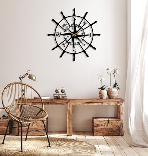 Compass Metal Wall Art, Bedroom Clock Ideas, Compass Wall Art, Metal Bird Wall Art, Compass Wall Decor, Bedroom Clocks, Wall Clock Black, Nautical Living Room, Art Deco Clock