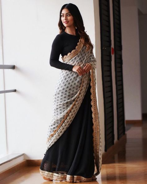 Blouse Design For Saree, Full Sleeves Blouse Designs, Velvet Blouse Design, Black Blouse Designs, Anu Emmanuel, Full Sleeve Blouse, Modern Saree, Blouse Designs Indian, Half Saree Designs