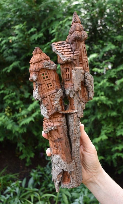 Whimsical Carvings, Bark Idea, Bark Carving, Gnome Houses, Whimsical House, Whimsical Houses, Woodcarving Ideas, Whimsical Cottage, Garden Fairies