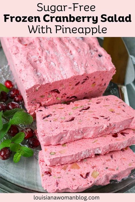 You get a refreshing, quick, and easy frozen treat in this cranberry salad recipe. It's made ahead with crushed pineapple and sugar-free cherry jello without the sugar-free taste. Cranberry Pineapple Salad, Frozen Cranberry Salad, Recipes With Crushed Pineapple, Salad With Pineapple, Cranberry Jello Salad, Cranberry Salad Recipes, Cranberry Jello, Angel Food Cake Desserts, Louisiana Woman