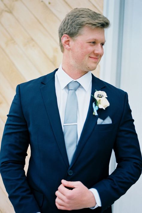 Spring Wedding | Barn South | Talmo, GA Navy Suit and Light Blue Tie for Groom Navy Suit Blue Tie, Navy Wedding Suit Groom, Blue Suit For Wedding, Navy Blue Suit Groom, Blue Wedding Suit Groom, Navy Spring Wedding, Navy Groomsmen Suits, Navy Blue Suit Wedding, Groom Suit Navy