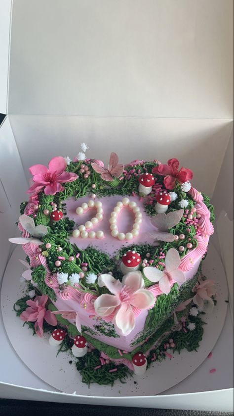 #vintagecakedesign #fairycake #mushrooms #mushroomcake #cakeideas #butterflies #flowers #coquette #aesthetic #20 Cake For Party, Flowers Coquette, Mushroom Cake, Fairy Birthday Cake, Chocolate Cherry Cake, Fairy Garden Birthday Party, Vintage Birthday Cakes, Birthday Cake Decorating Ideas, B Day Cake