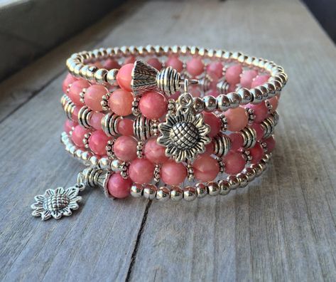 Summer Sunflower Pink Jade Multi Coil Memory by McHughCreations Dekoratívne Vence, Memory Wire Jewelry, Wrap Armband, Memory Wire Wrap Bracelets, Summer Sunflower, Wire Wrap Bracelet, Beaded Memory Wire Bracelets, Pink Jade, Wire Bracelets