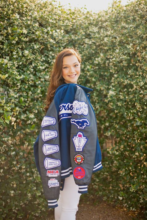 Cheer Captain Letterman Jacket, Senior Photos Letterman Jacket, Varsity Jacket Cheerleader, Senior Picture Ideas Letterman Jackets, Letterman Jacket Cheerleader, Letterman Jacket Pictures, Letterman Jacket Ideas, Senior Jackets, Senior Year Fun