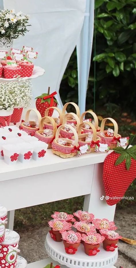 Berries Themed Birthday Party, Strawberry Theme Picnic, Strawberry Patch Party Ideas, Berry First Birthday Cake And Smash Cake, Centerpieces For Strawberry Party, Berry Decorations Party, Strawberry Birthday Dessert Table, Strawberry Shortcake Decoration Ideas, Strawberry Shortcake Candy Table