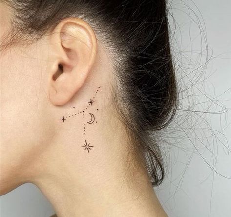 Cancerian Tattoo Behind Ear, Boho Ear Tattoo, Under Ear Tattoos Women, Tattoo Ideas Female Moon, Year Tattoos, Star Tattoos Behind Ear, Tattoos Ear, Tattoo Behind The Ear, Star Tattoo Meaning