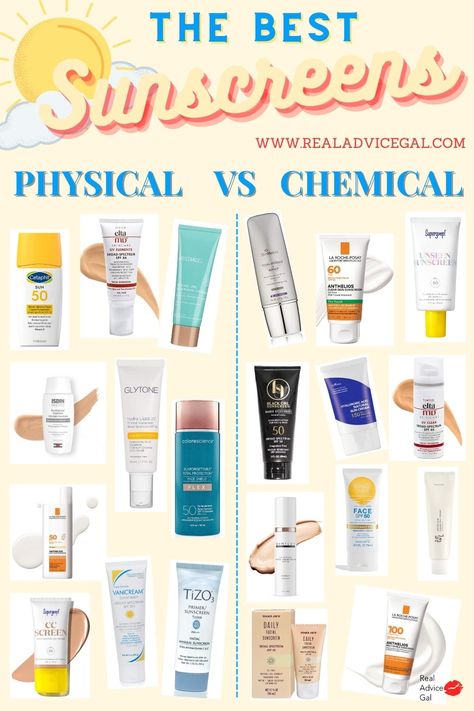 Do you use physical (mineral) or chemical sunscreens? Read this guide and chck out the best sunscreens that you should get right now! Body Sunscreen Spray, Mineral Vs Chemical Sunscreen, Chemical Vs Physical Sunscreen, Color Science Sunscreen, Genevieve Core, Best Mineral Sunscreen, Mineral Sunscreen For Face, Sunscreen Tips, Best Drugstore Sunscreen