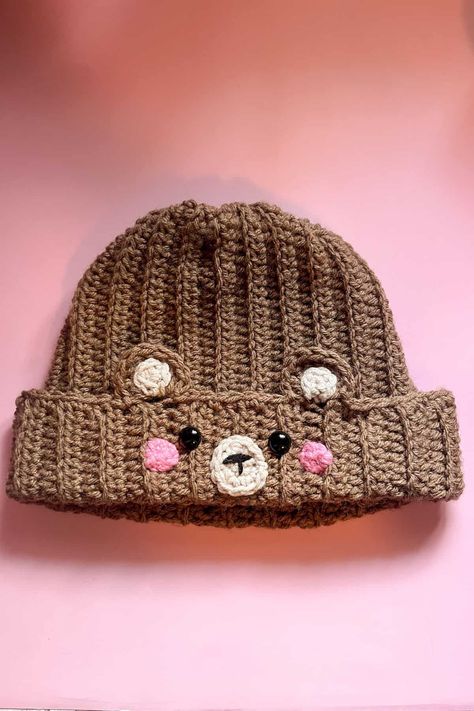 Crochet Bear Hat Pattern - thecaffeinatedsnail.com Crochet Bear Hat Pattern, Crochet Monster Hat, Bear Hat Pattern, Crochet Bear Hat, Crochet Cat Hat, Bear Beanie, Crochet Kids Hats, Fall Crochet Patterns, Hat Patterns Free