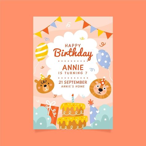 Bear And Balloons, Hang Tag Design, Floral Birthday Invitations, Bday Invitations, Invitation Design Template, Birthday Card Template, Party Invitations Kids, Birthday Invitation Template, Kids Birthday Cards