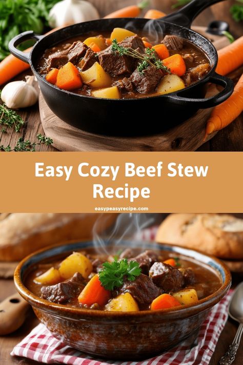 A steaming pot and bowl of hearty beef stew with chunks of beef, carrots, and potatoes garnished with fresh herbs. Steak Stew Recipes, Tasty Beef Stew Recipe, Steak Stew, Delicious Beef Stew, Tasty Beef Stew, Easy Beef Stew Recipe, Easy Zucchini Recipes, Quick Breakfasts, Easy Beef Stew