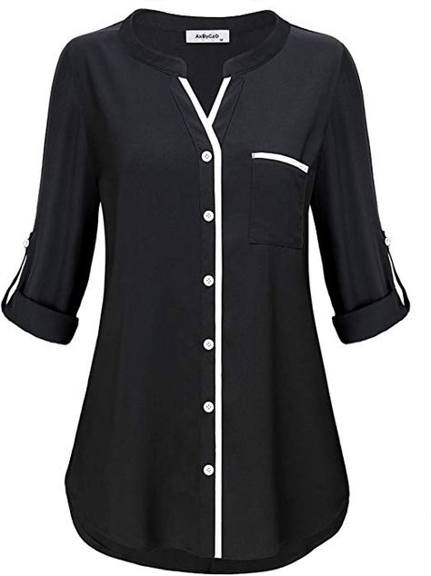 Henley Tunic Shirts for Women to Wear with Leggings,3/4 Sleeve Simple Style Casual V Neck Button Down Plain Tops Fitted Tshirt Knit Basic Jersey Lady Modern Peplum Blouse Prime Club Wear Black M Tops Women Fashion, Pants Ideas, Sleeveless Chiffon Blouse, Casual Blouses, Chiffon Tunic, Kurti Neck Designs, Cuffed Sleeve, Designer Blouses, Blouse Tops