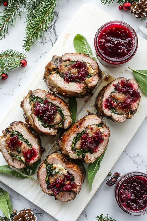 Best Christmas Stuffed Pork Tenderloin Pork Tenderloin Recipes For Christmas, Entree Food Ideas, Perfect Pork Tenderloin Pioneer Woman, Pork And Cranberry Recipes, Holiday Meat Appetizers, Meat Ideas For Christmas Dinner, Christmas Recipes Main Dish, Christmas Dishes Ideas, Christmas Dinner Food Ideas Main Dishes