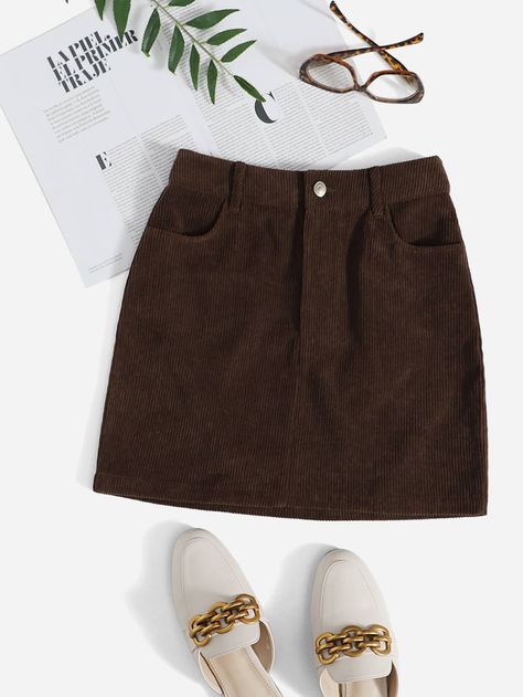 Corduroy Dual Pockets Straight Mini Skirt Women Skirts, Brown Skirts, Corduroy Skirt, Fall Skirts, Skirts Online, Shein Style, Brown Fashion, Look Fashion, Winter Women