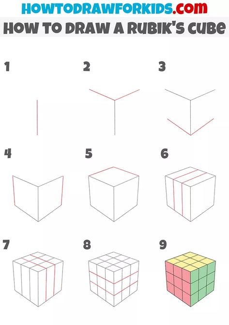 How to Draw a Rubik's Cube - Easy Drawing Tutorial For Kids How To Draw Rubik Cube, How To Draw A Rubix Cube, Rubics Cube Drawing, How To Draw A Cube, 3d Cube Drawing, Mindful Drawing, Classical Paintings, Optical Illusion Drawing, An Old Soul