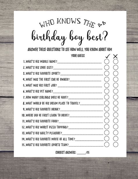 Mens Dirty 30 Party Games, 40 Birthday Games, Would He Rather Questions, How Well Do You Know The Birthday Man, 35 Birthday For Him, Birthday Questions For Adults Fun, Birthday Games 18th, 90th Birthday Party Games, 60th Birthday Game Ideas