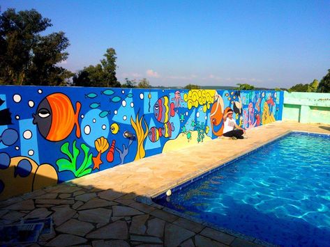 Pool Paint, Office Wall Design, Sea Artwork, Pool Art, School Wall Art, Ap Studio Art, School Murals, Big Cats Art, Fence Art