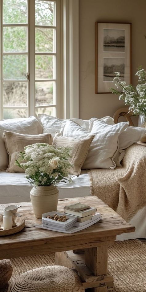 Small French Country Living Room, Cozy Cottage Vibes, Neutral Cottage Decor, Cottage Core Aesthetic Living Room, Cottage Home Aesthetic, Cottagecore Aesthetic Living Room, Rustic French Country Living Room, French Country House Interior, Serene Decor