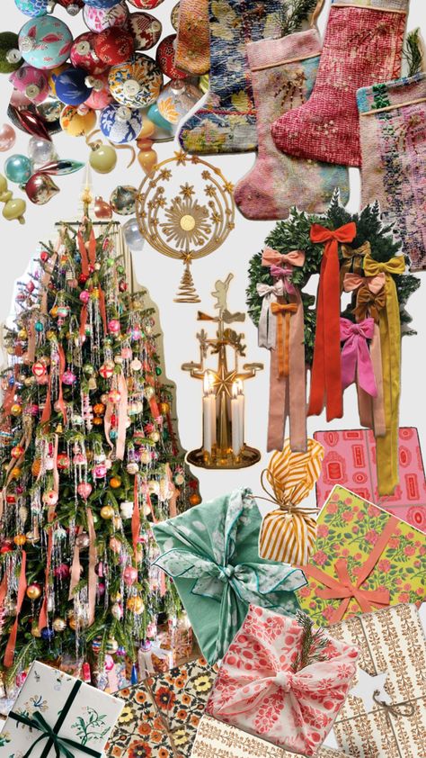 Colorful vibrant boho Christmas 2025 inspiration ; anthropologie free people Christmas decor aesthetic ; maximalist vintage pink blue green Christmas 2024 Free People Christmas, Anthropologie Christmas Decor, Christmas Decor Aesthetic, Blue Green Christmas, Maximalist Christmas, Maximalist Vintage, Snow Decorations, Anthropologie Christmas, Christmas Collage