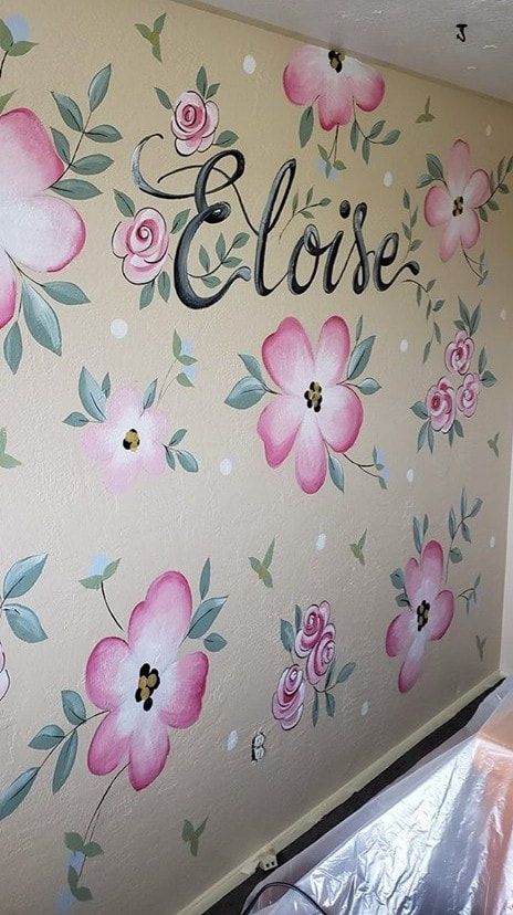 Nurseries Flowers On Wall Bedroom Paint, Hand Painted Wall Murals Diy Bedroom, Wall Painting Flowers Simple, Hand Painted Wall Murals, Painted Wall Murals, Wall Painting Flowers, Flower Wall Painting, Girls Room Diy, Artist Interior