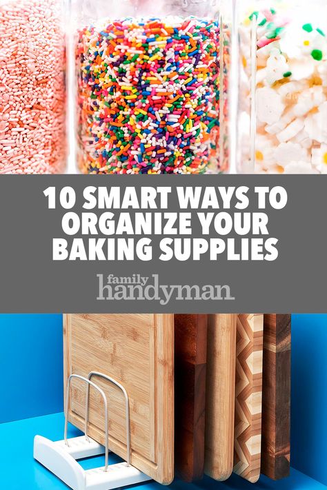 How To Organize Baking Sprinkles, Baking Powder Storage, Storage For Cake Decorating Supplies, Baking Supplies Organization Small Space, How To Store Baking Supplies, Organize Cake Decorating Supplies, Cake Pan Organization, Cake Decorating Storage, Cake Decorating Supplies Organization