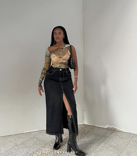 Long Skirt Platform Boots, Long Skirt Combat Boots, Combat Boots Maxi Skirt, Denim Maxi Skirt Boots Outfit, Black Denim Maxi Skirt Outfit, Maxi Skirt Boots, High-waisted Black Cargo Skirt For Streetwear, Womens Black Combat Boots, Skirt Boots