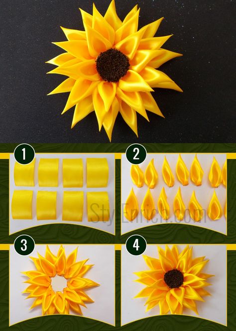 Ribbon Sunflower, Ribbon Flowers Bouquet, Ribbon Flowers Diy, Ribbon Flower Tutorial, Diy Ribbon Flowers, Fleurs Diy, Ribbon Crafts Diy, Satin Ribbon Flowers, Flower Bouquet Diy