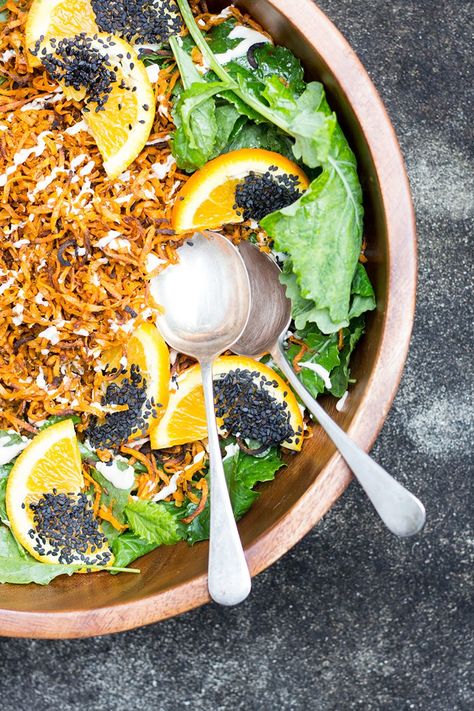 Sweet potato and kale salad with miso cashew dressing. Sweet Potato And Kale Salad, Kale Sweet Potato Salad, Kale Sweet Potato, Sweet Potato And Kale, Cashew Dressing, Vegan Potato Recipes, Spiralized Sweet Potato, Salad Inspiration, Sweet Potato Kale