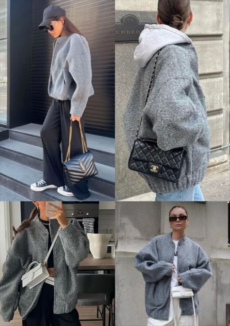 Wool-blend Bomber Jacket - Dark … curated on LTK Grey Winter Outfits For Women, Grey Jacket Outfit Winter, Grey Wool Jacket Outfit, Gray Chunky Knit Outerwear For Winter, Dark Grey Jacket Outfit, Urbanic Outfit, Dark Blue Jacket Outfit, Gray Jacket Outfit, Cropped Jacket Street Style