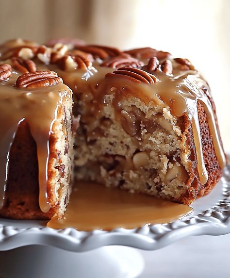 Apple Pecan Cake With Caramel Glaze Recipe Apple Pecan Cake With Caramel Icing, Apple Pecan Cake, Caramel Glaze Recipe, Apple Cake Recipe Easy, Corn Recipes Side Dishes, Caramel Apple Dump Cake, Cake With Caramel, Chocolate Cake Recipe Moist, Caramel Icing