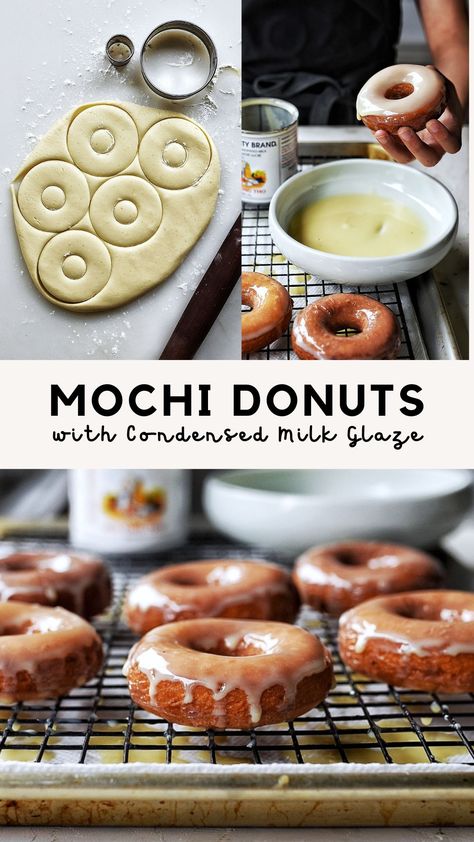 The most delicious and easy Mochi Donut recipe ever! A Japanese-inspired donut that's mixed in one bowl and is completely gluten-free. The chewy texture, crisp edges, and simple ingredient list will make this a favorite yummy treat. A simple condensed milk glaze adds just enough sweetness. Fried Gluten Free Donut Recipe, Baked Mochi Donut Recipe, Condensed Milk Glaze, Mochi Donut Recipe, Easy Mochi, Mochi Donuts Recipe, Gluten Free Donut Recipe, Mochi Donut, Mochi Recipe